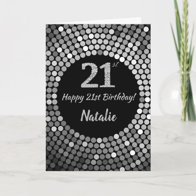 Happy 21st Birthday Black and Silver Glitter Card (Front)