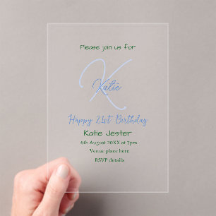 Happy 21st birthday blue add name monogram modern acrylic invitations