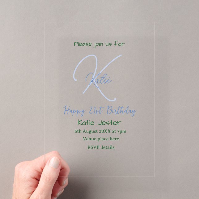 Happy 21st birthday blue add name monogram modern acrylic invitations (Insitu (Handheld))