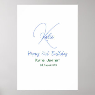 Happy 21st birthday blue add name monogram modern poster