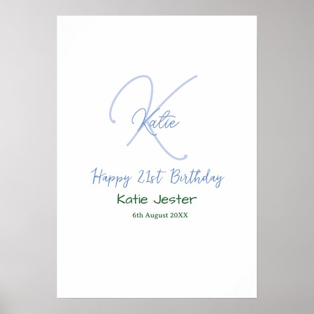 Happy 21st birthday blue add name monogram modern poster (Front)