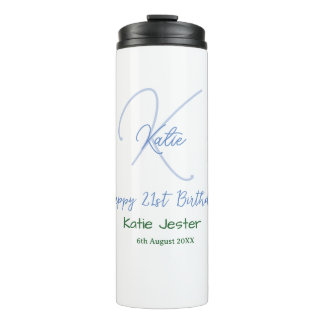 Happy 21st birthday blue add name monogram modern thermal tumbler