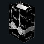 Happy 21st Birthday Bow On Black Medium Gift Bag<br><div class="desc">Happy 21st birthday text and white sheer bow on black background.
Background colour can be edited.
Text is editable or can be deleted.</div>