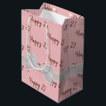 Happy 21st Birthday Bow On Pink Medium Gift Bag<br><div class="desc">Happy 21st birthday text and white sheer bow on blush pink background.
Background colour can be edited.
Text is editable or can be deleted.</div>