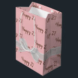 Happy 21st Birthday Bow On Pink Medium Gift Bag<br><div class="desc">Happy 21st birthday text and white sheer bow on blush pink background.
Background colour can be edited.
Text is editable or can be deleted.</div>