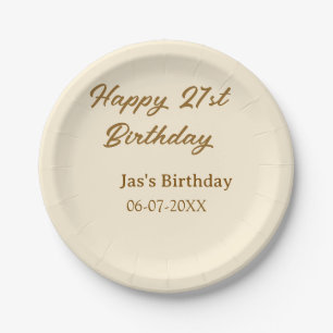 Happy 21st birthday brown pastel yellow name date  paper plate
