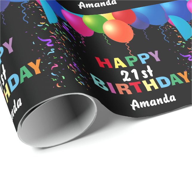 Happy 21st Birthday Colorful Balloons Black Wrapping Paper (Roll Corner)