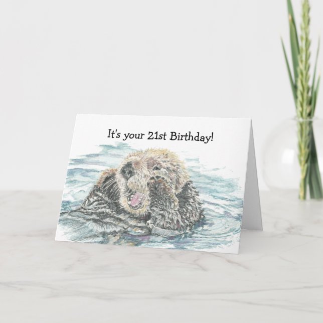 Happy 21st   Birthday Cute Excited Otter Humourous Card (Front)