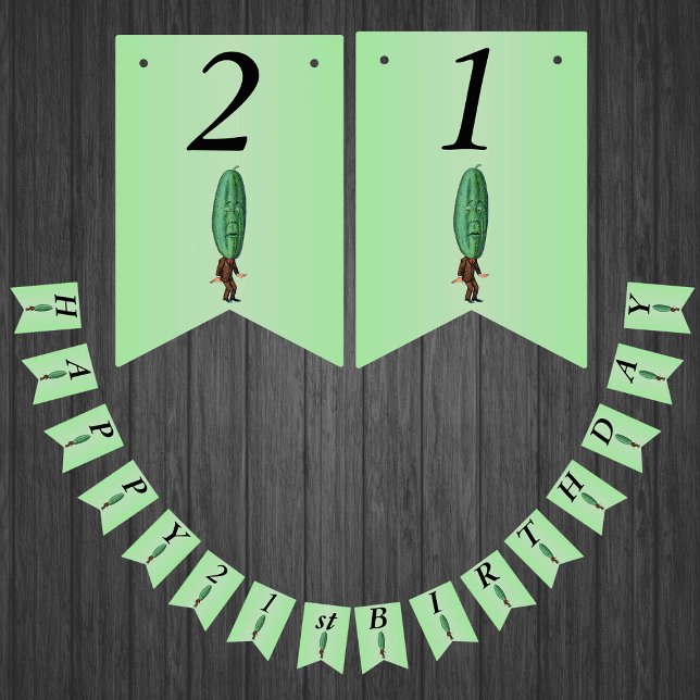 Happy 21st Birthday Fun Pickle Man Green Bunting Flags (Funny man with big green pickle head with face in brown suit on green Happy Birthday flag banner.)