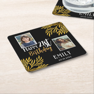 Happy 21st Birthday Gold Foliage 2 Photo Party Square Paper Coaster