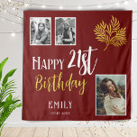 Happy 21st Birthday Gold Foliage 3 Photo Backdrop Tapestry<br><div class="desc">Happy 21st Birthday Gold Foliage 3 Photo Backdrop. An elegant gold foliage on a red background. Add your photos - you can use old and new photos. Add your name and age,  and make your own birthday party backdrop.</div>
