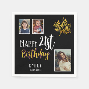 Happy 21st Birthday Gold Foliage 3 Photo Party Napkin