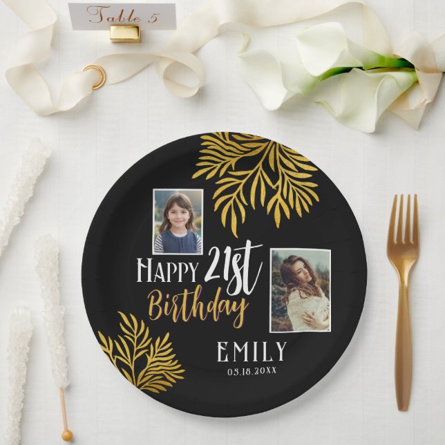 Happy 21st Birthday Gold Foliage 3 Photo Party Paper Plate (Wedding)