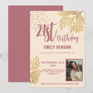 Happy 21st Birthday Gold Foliage Photo Party Invitation