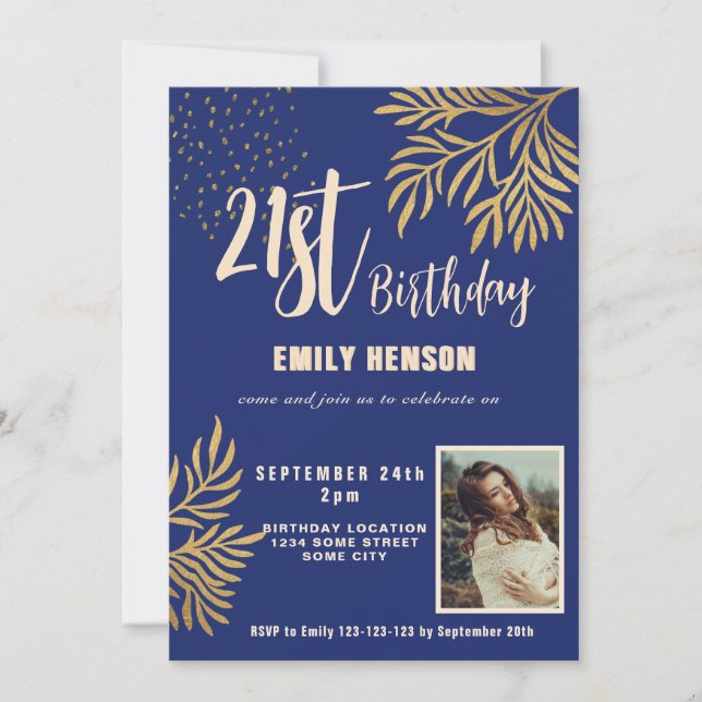 Happy 21st Birthday Gold Foliage Photo Party Invitation (Front)