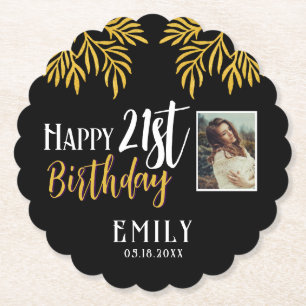 Happy 21st Birthday Gold Foliage Photo Party Paper Coaster