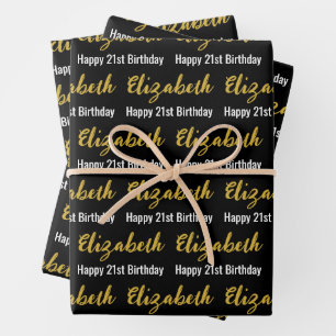 Happy 21st Birthday Gold Name Black and White Wrapping Paper Sheet
