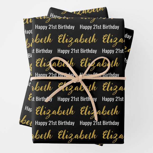 Happy 21st Birthday Gold Name Black and White Wrapping Paper Sheet (In situ)
