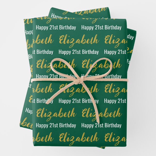 Happy 21st Birthday Gold Name Hunter Green White Wrapping Paper Sheet (In situ)