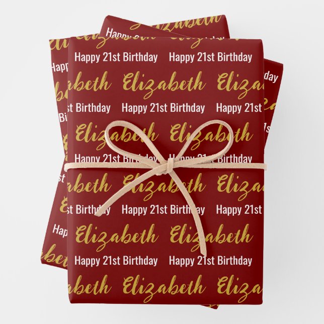 Happy 21st Birthday Gold Script Name Deep Red Wrapping Paper Sheet (In situ)