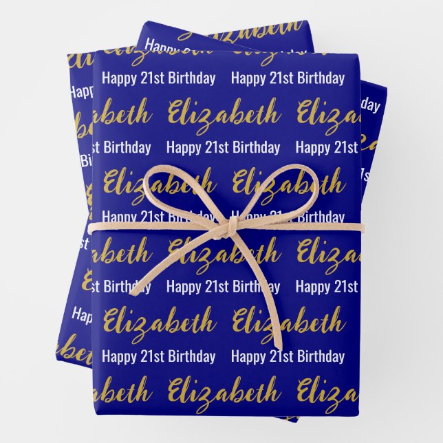Happy 21st Birthday Gold Script Name Navy & White Wrapping Paper Sheet (In situ)