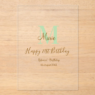 Happy 21st Birthday green add name monogram brown Acrylic Invitations
