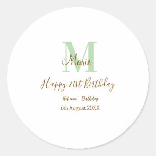 Happy 21st Birthday green add name monogram brown Classic Round Sticker