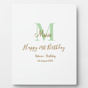 Happy 21st Birthday green add name monogram brown Plaque