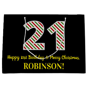 Happy 21st Birthday & Merry Christmas, Custom Name Large Gift Bag