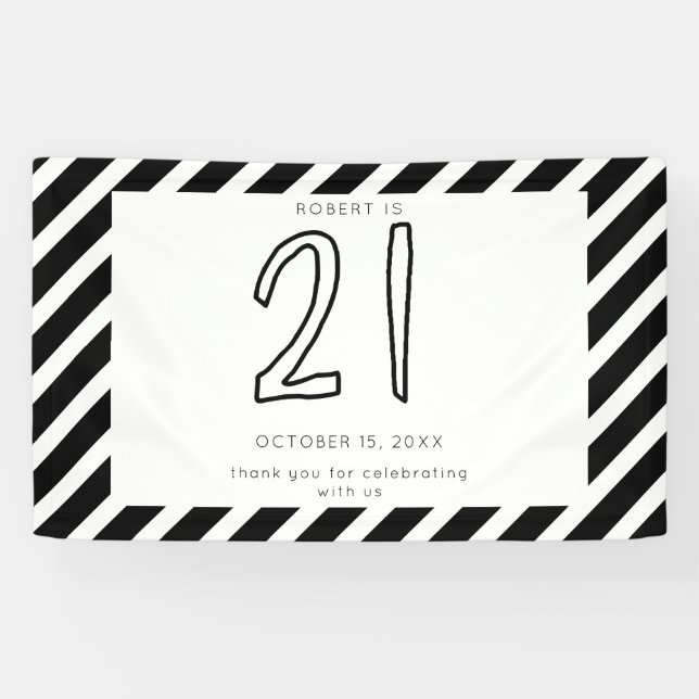 Happy 21st Birthday Modern Simple Black White Banner (Horizontal)