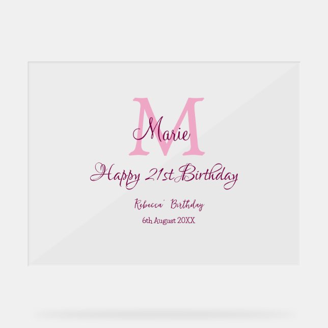Happy 21st Birthday pink add name monogram modern Acrylic Sign (Front)
