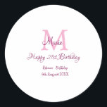 Happy 21st Birthday pink add name monogram modern Classic Round Sticker<br><div class="desc">beautiful design</div>