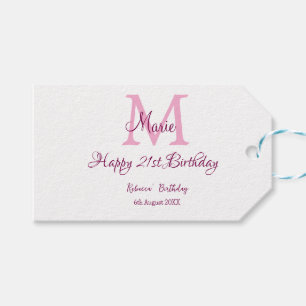 Happy 21st Birthday pink add name monogram modern Gift Tags