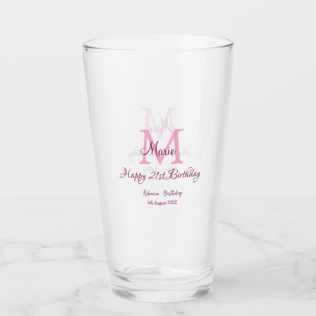 Happy 21st Birthday pink add name monogram modern Glass (Front)