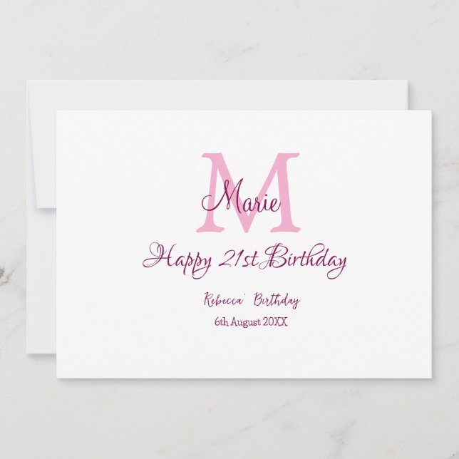 Happy 21st Birthday pink add name monogram modern Invitation (Front)