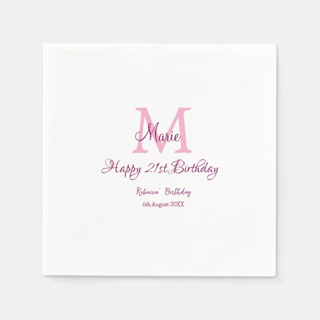Happy 21st Birthday pink add name monogram modern Napkin (Front)