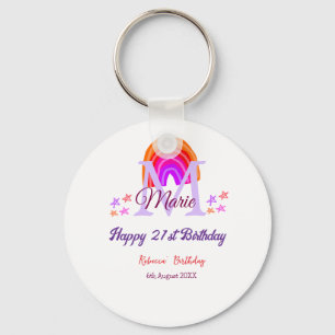Happy 21st Birthday pink add name monogram rainbow Keychain
