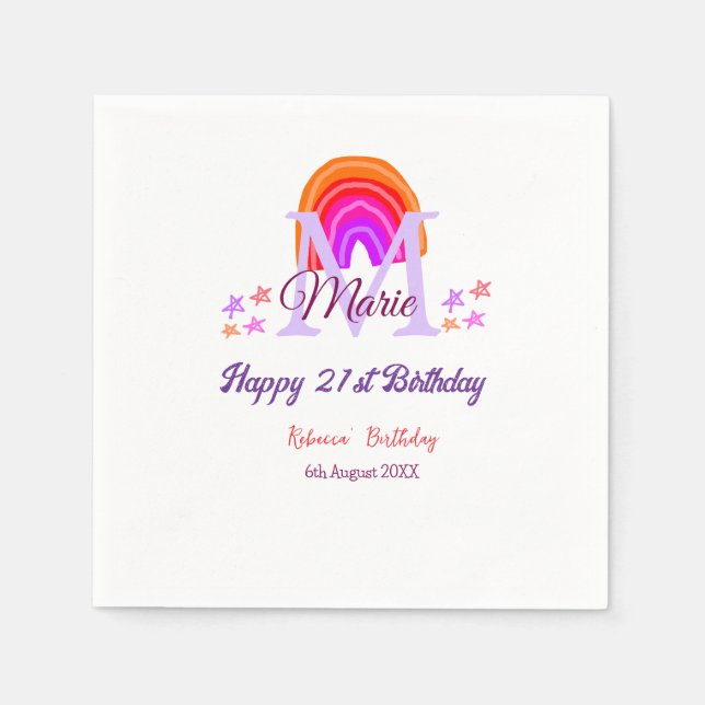 Happy 21st Birthday pink add name monogram rainbow Napkin (Front)
