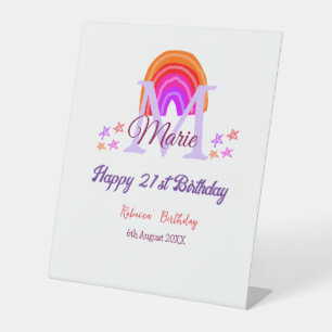 Happy 21st Birthday pink add name monogram rainbow Pedestal Sign