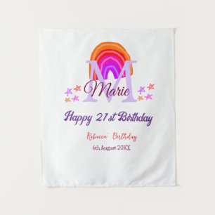 Happy 21st Birthday pink add name monogram rainbow Tapestry