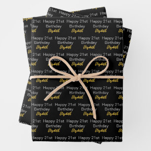 Happy 21st Birthday Script Name Black White Gold Wrapping Paper Sheet