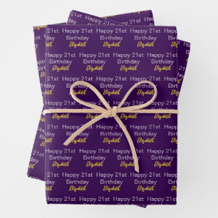 Happy 21st Birthday Script Name Dark Purple Gold Wrapping Paper Sheet