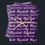 Happy 21st Birthday Script Name Dark Purple White Wrapping Paper Sheet<br><div class="desc">The sheets are dark purple. All of them have a text pattern for the recipient's name in a white script and the phrase Happy 21st Birthday. The name (Shown: Elizabeth) appears in an elegant white script. The other text is white. All of the text can be edited.</div>