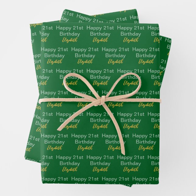 Happy 21st Birthday Script Name Green White Gold Wrapping Paper Sheet (In situ)