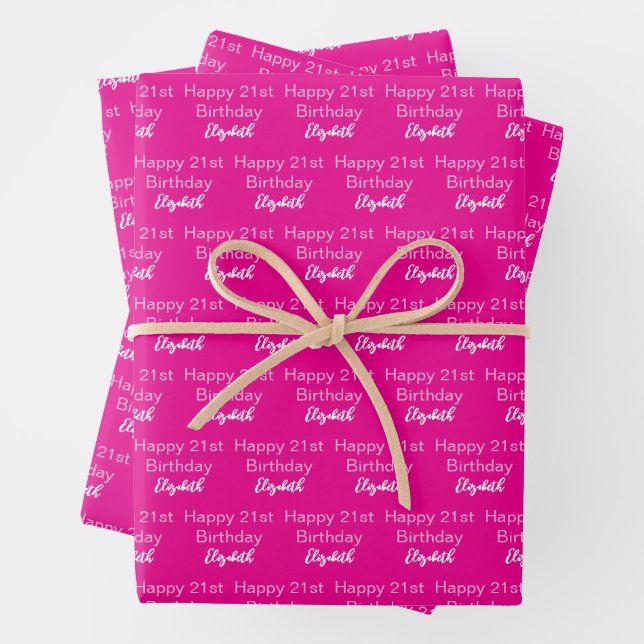Happy 21st Birthday Script Name Hot Pink and White Wrapping Paper Sheet (In situ)