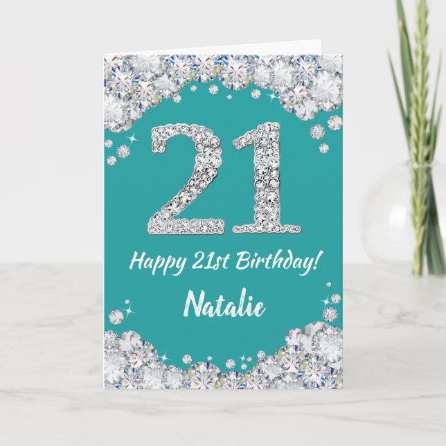 Happy 21st Birthday Teal and Silver Glitter Card (Front)