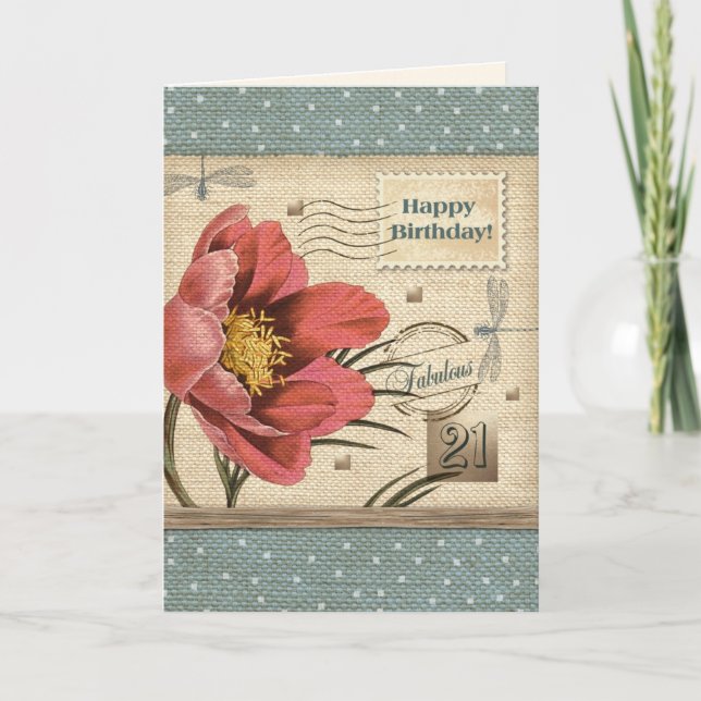 Happy 21st  Birthday. Vintage Floral Art Card (Front)