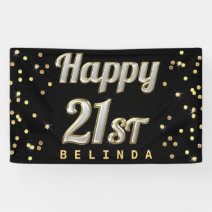 Happy 21st Bling Typography Gold Confetti Black Banner
