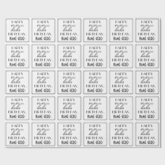 HAPPY 22ND BIRTHDAY; Art Deco Style; Custom Name Wrapping Paper (Flat)