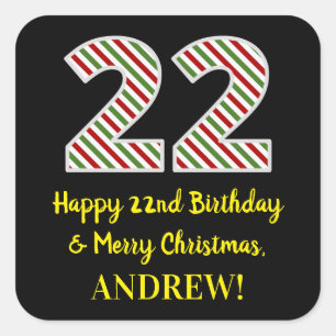 Happy 22nd Birthday & Merry Christmas, Custom Name Square Sticker